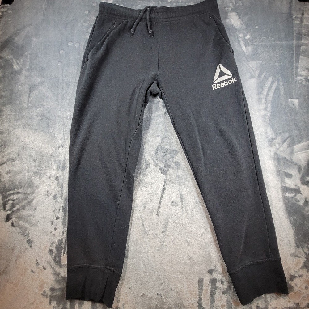 Reebok Mens Fleece Jogger Sweatpants Black Logo Size Large Drawstring Cuffs